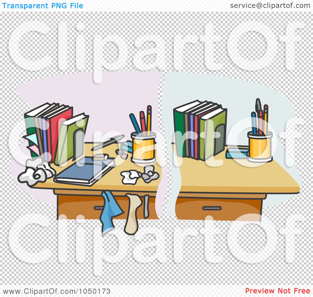 Royalty Free RF Clip Art Illustration Of A Split Scene Of A Clean And Messy Desk 10241050173