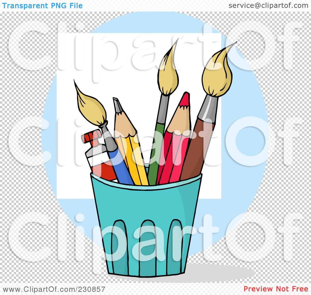 Royalty-Free (RF) Clipart Illustration of Pencils And Paintbrushes In A ...