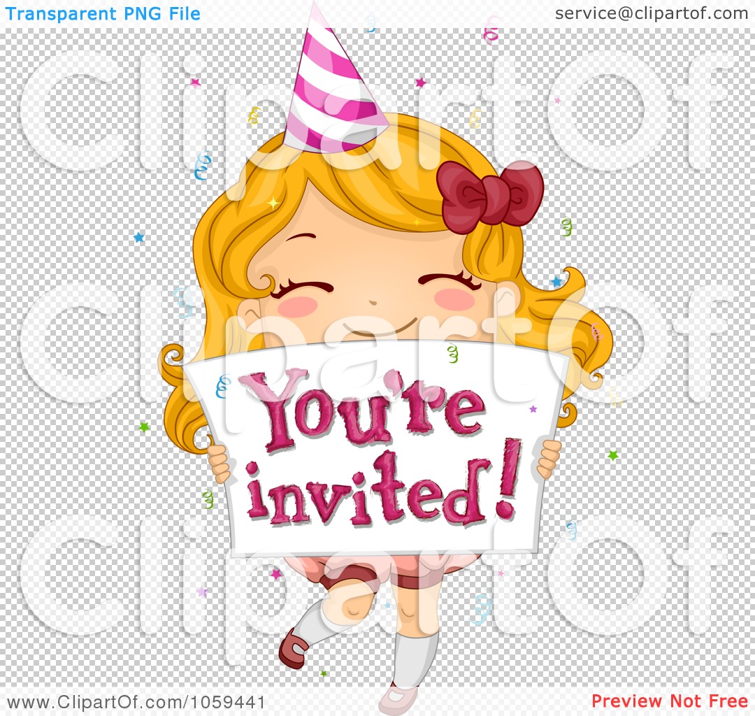 Royalty-Free Vector Clip Art Illustration of a Cute Birthday Girl Holding A  You're Invited Sign by BNP Design Studio #1059441