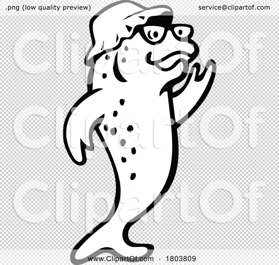 Salmon or Trout Fish Wearing Bucket Hat Waving Hello Standing Mascot Black  and White by patrimonio #1803809