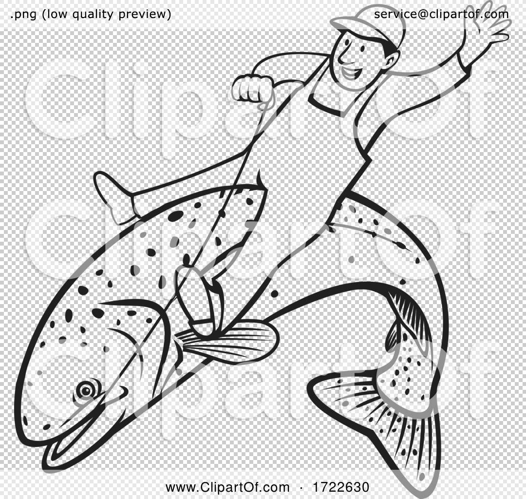 Trout Fisherman Riding Steelhead or Rainbow Trout Retro Stencil
